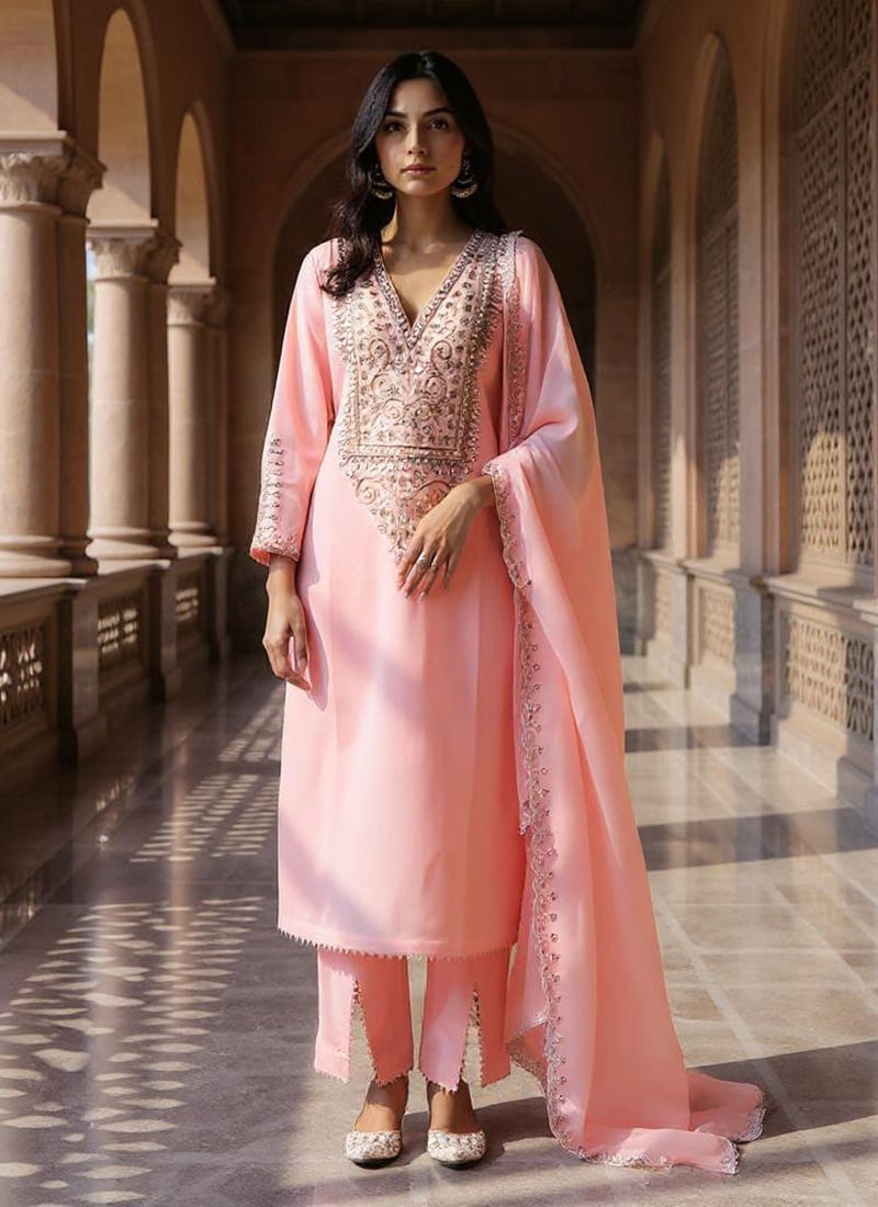 Pink Silk Zari Hand Embroidered With Beads Work Straight Pant Suit Festive Wear