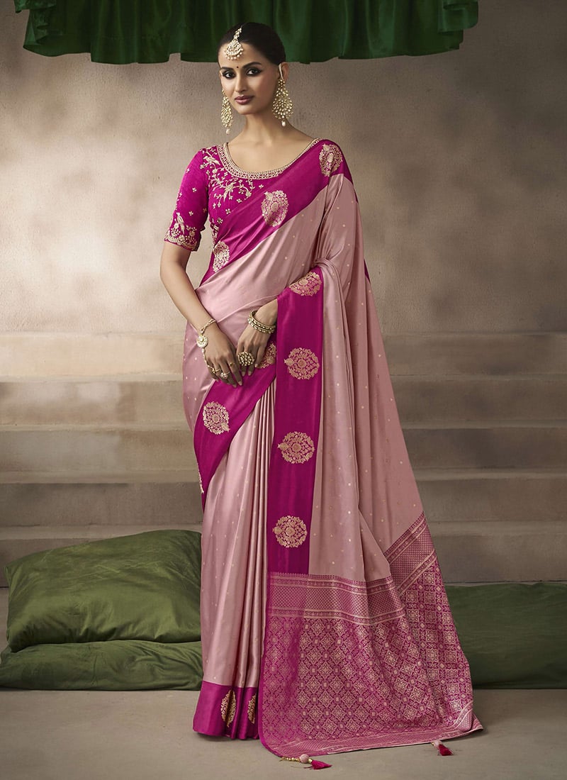 Pink Silk Zari Jacquard Embroidered Sequins Saree Festive Wear