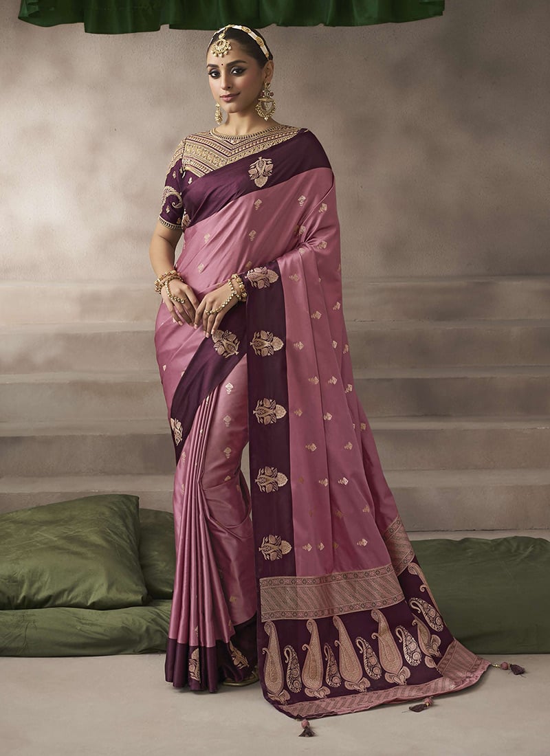 Pink Silk Zari Jacquard Embroidered Sequins Saree Festive Wear