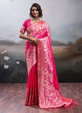 Pink Silk Zari Jacquard Woven Saree