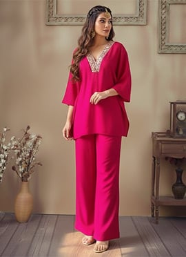 Pink Silk Zari Mirror Work Hand Embroidered Indowestern Set