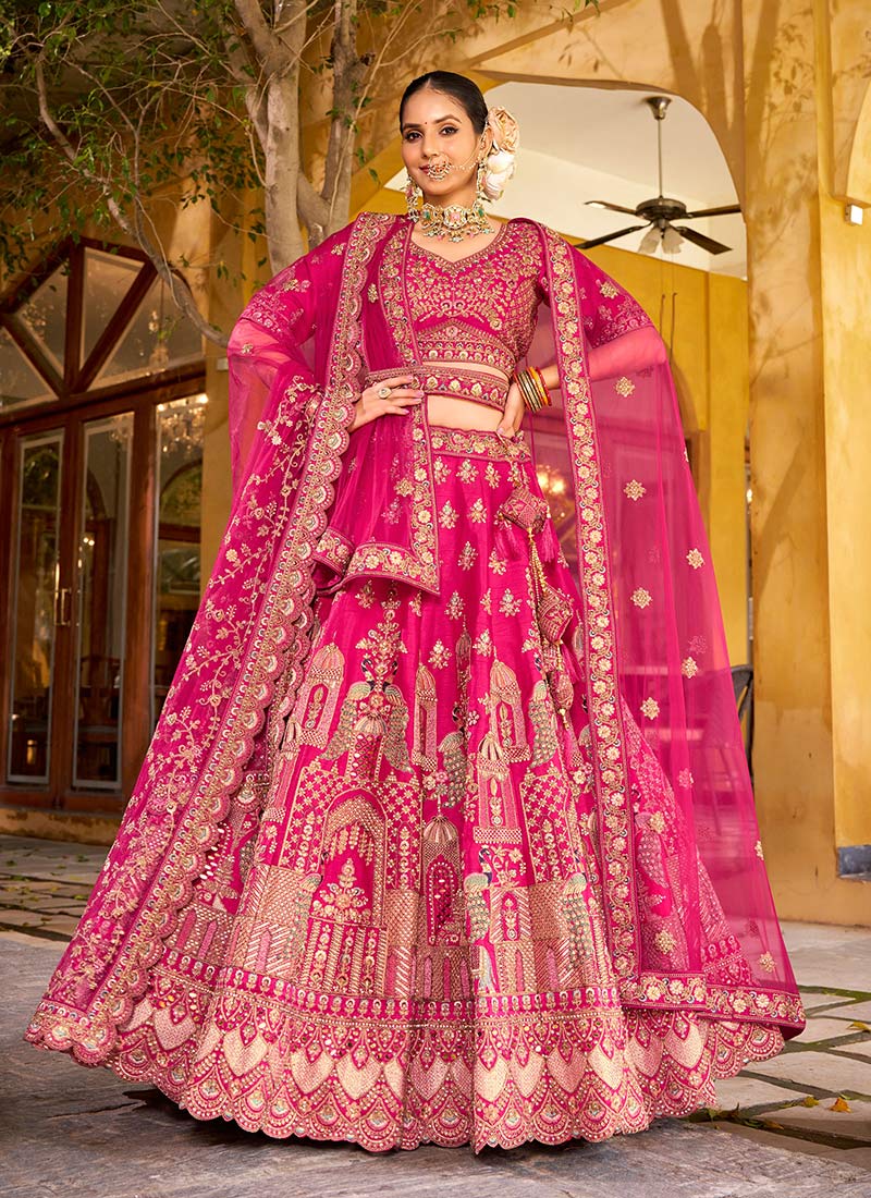 Pink Silk Zari Resham Stones Mirror Work Cut Work Umbrella Lehenga