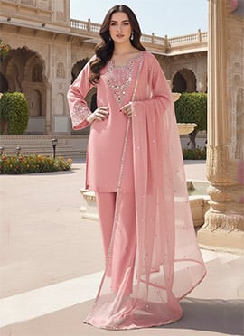 Pink Silk Zari Sequin Mirror Work Straight Pant Suit