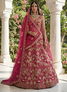 Pink Silk Zari Sequins Embroidered Stones Thread Umbrella Lehenga