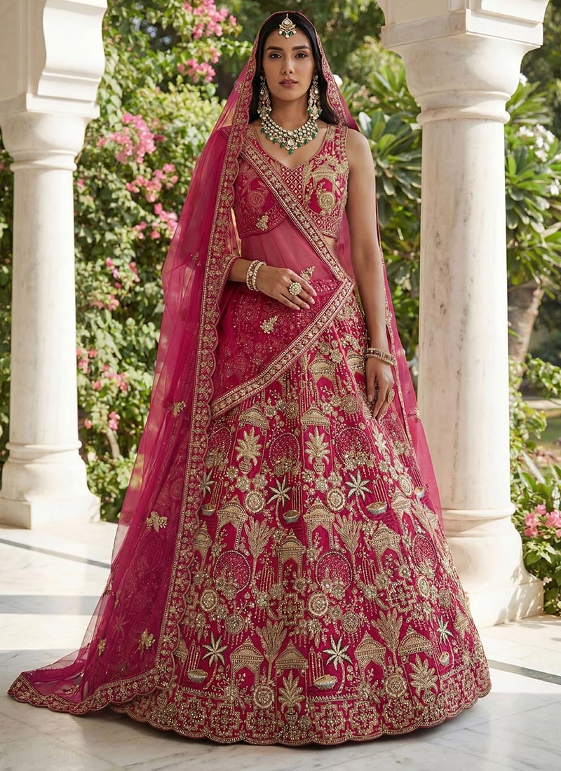 Pink Silk Zari Sequins Embroidered Stones Thread Umbrella Lehenga Wedding Wear