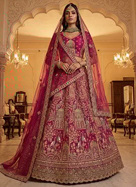 Pink Silk Zari Sequins Embroidered Stones Thread Umbrella Lehenga