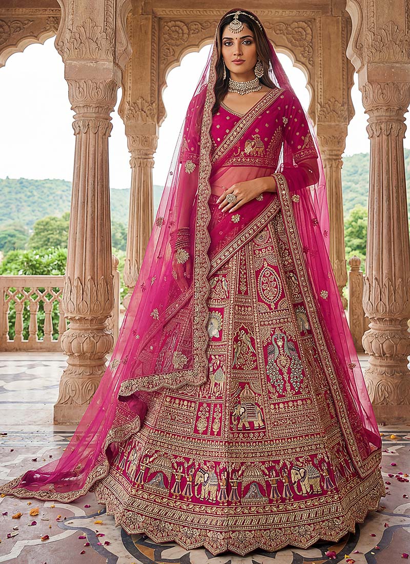 Pink Silk Zari Sequins Embroidered Stones Thread Umbrella Lehenga Wedding Wear