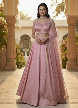 Pink Silk Zari Sequins Hand Embroidered A Line Lehenga