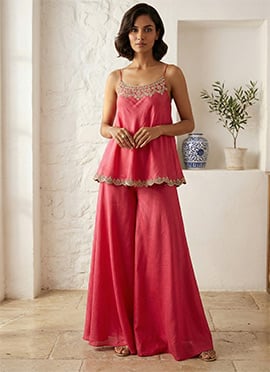 Pink Silk Zari Sequins Hand Embroidered Indowestern Palazzo Set
