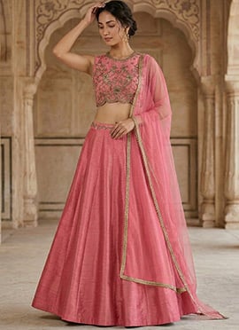 Pink Silk Zari Sequins Hand Embroidered Lehenga