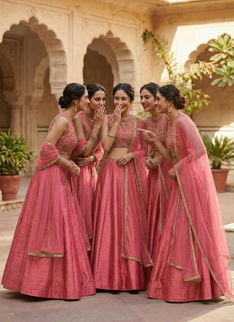 Pink Silk Zari Sequins Hand Embroidered Lehenga Wedding Wear