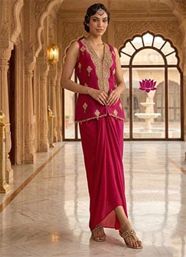 Pink Silk Zari Sequins Indowestern Skirt Set
