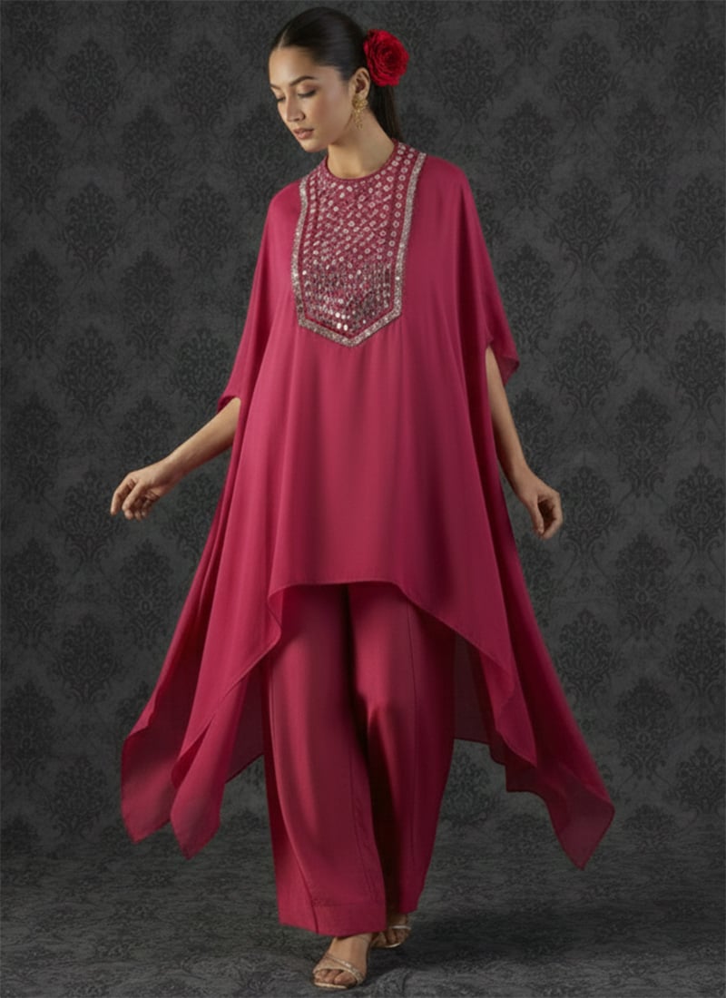 Pink Silk Zari Sequins Kaftan Indowestern Palazzo Set After Six Wear