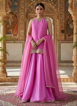 Pink Silk Zari Sequins Long Choli Lehenga Set