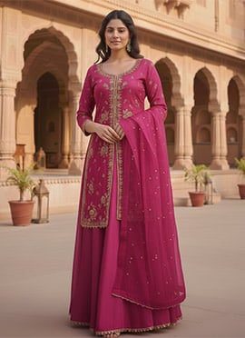 Pink Silk Zari Sequins Long Choli Style Lehenga Set