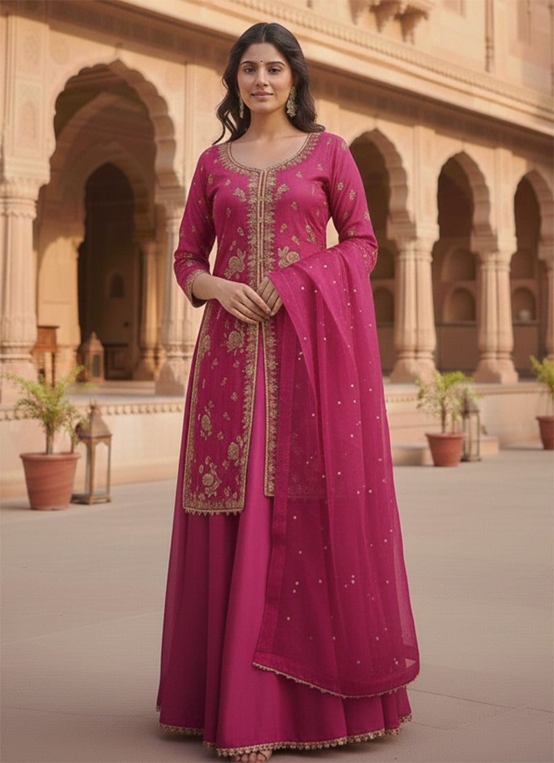 Pink Silk Zari Sequins Long Choli Style Lehenga Set Festive Wear
