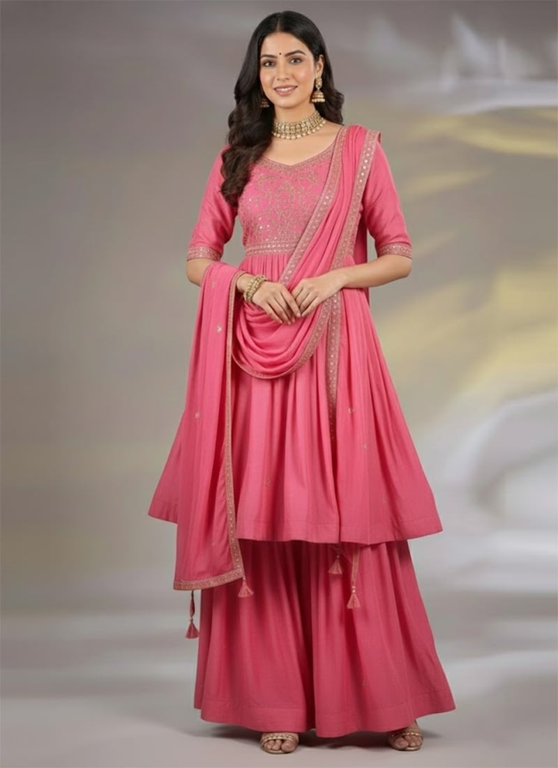 Pink Silk Zari Sequins Sharara Suit Festive Wear