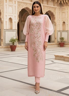 Pink Silk Zari Sequins Straight Pant Suit