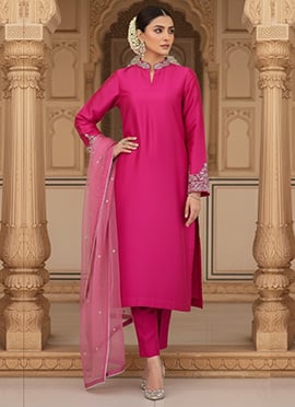 Pink Silk Zari Sequins Straight Pant Suit