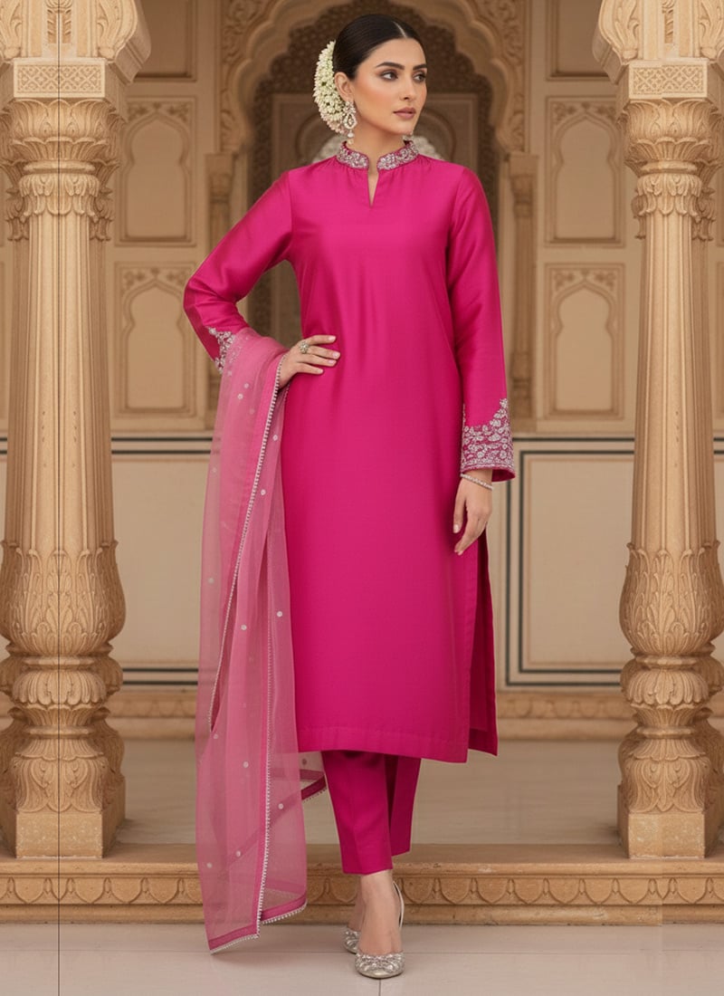 Pink Silk Zari Sequins Straight Pant Suit Festive Wear