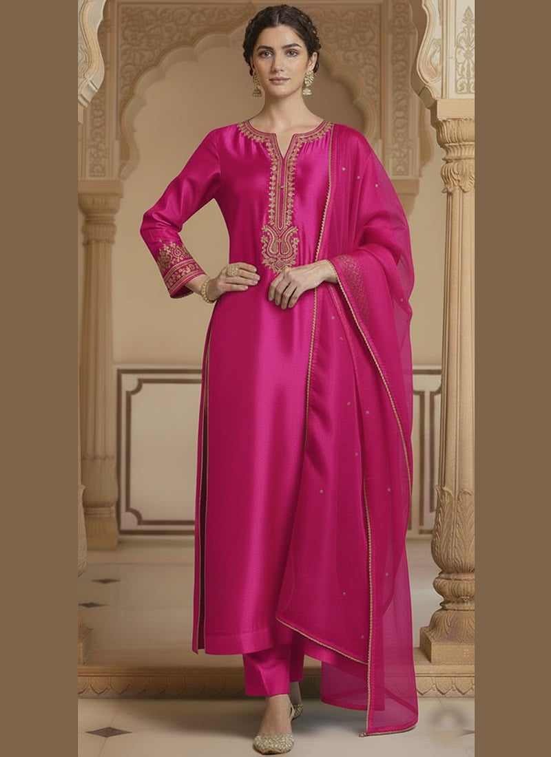 Pink Silk Zari Sequins Straight Pant Suit Festive Wear