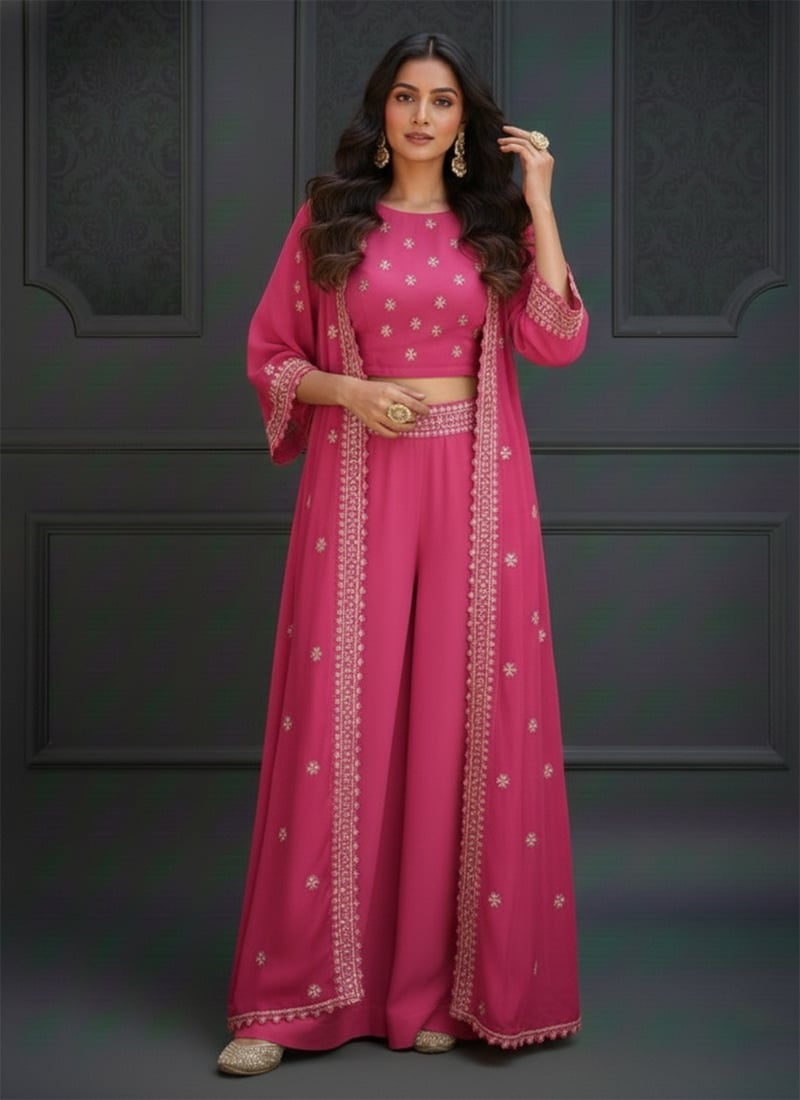 Pink Silk Zari Sequins Work Indowestern Jacket Skirt Set After Six Wear
