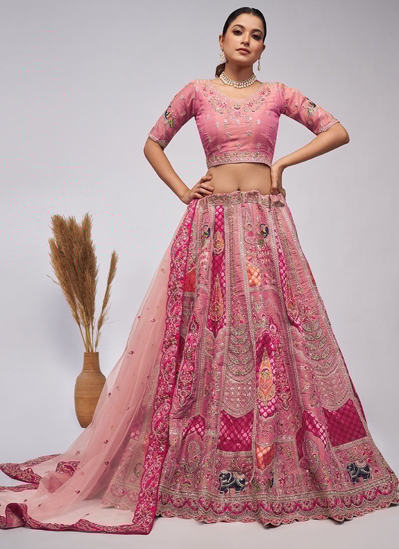Pink Silk Zari Wedding A Line Lehenga Embossed With Embroidery And Sequins Wedding Wear