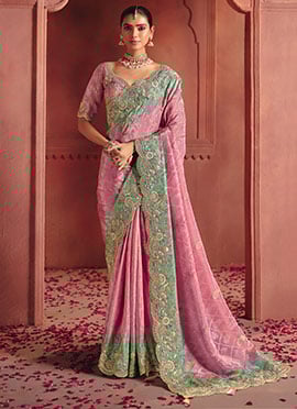 Pink Silk Zari Woven Embroidered Sequins Saree