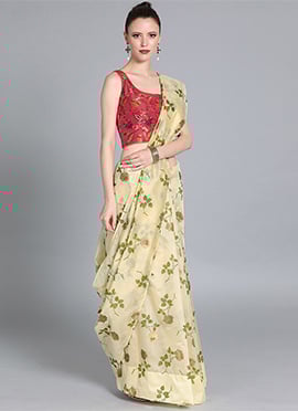 Pink Sleeveless Blouse and Foil Printed Saree