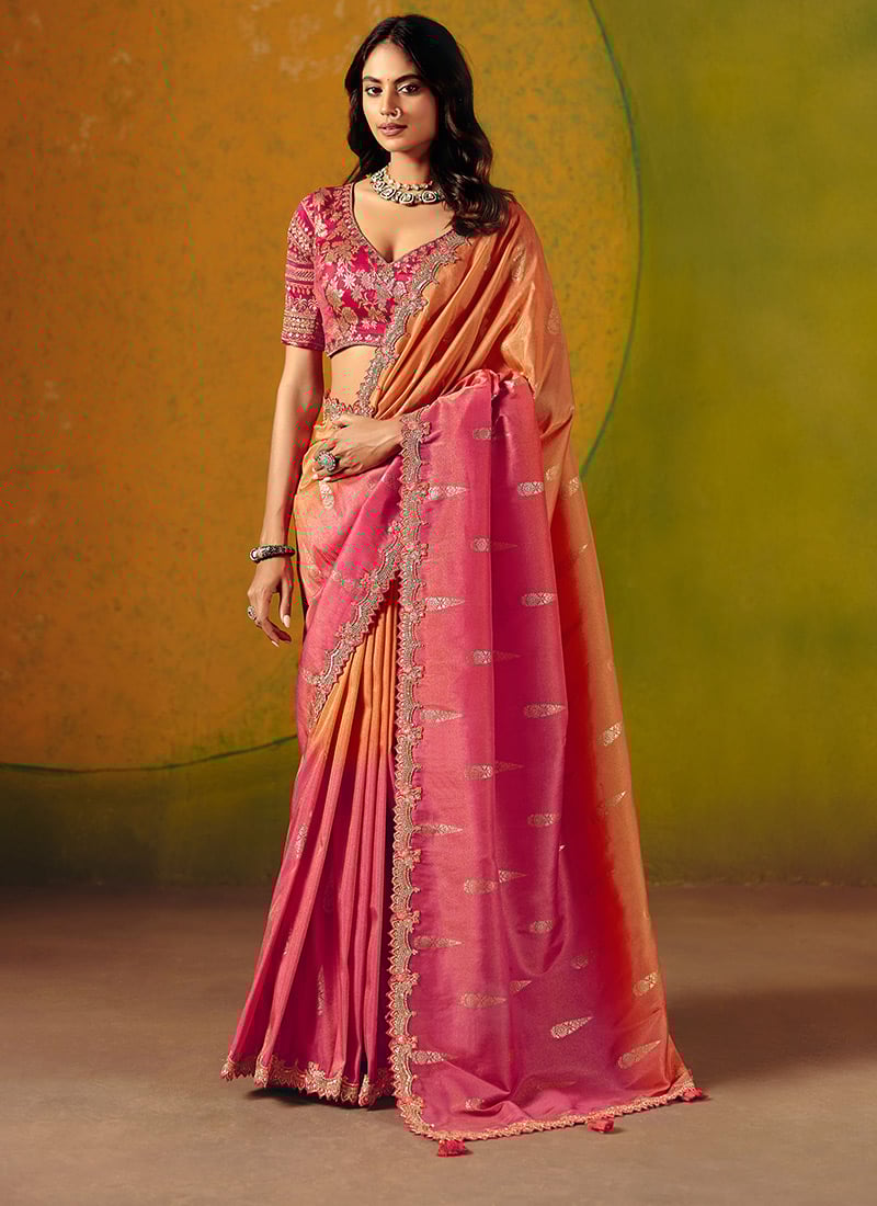 Pink Smooth Zari Silk Embroidered Sequins With Stone Work Saree Wedding Wear