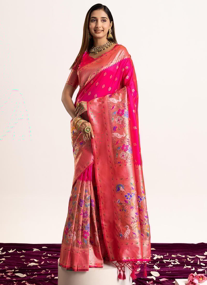 Pink Soft Banarasi Silk Zari Woven Saree Festive Wear