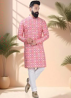 Pink Soft Cotton Embroidered Sequins And Printed Kurta Pyjama
