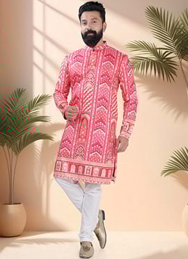 Pink Soft Cotton Embroidered Sequins And Printed Kurta Pyjama