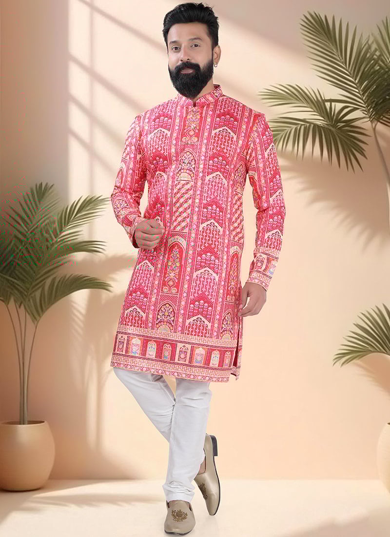 Pink Soft Cotton Embroidered Sequins And Printed Kurta Pyjama Festive Wear