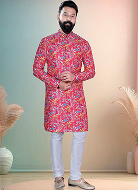 Pink Soft Cotton Thread Embroidered Sequins Printed Kurta Pyjama
