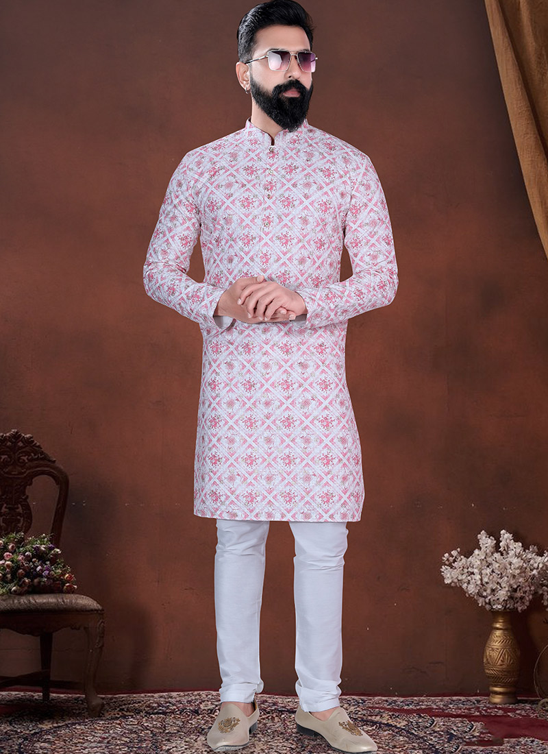 Pink Soft Cotton Thread Embroidered Sequins Printed Kurta Pyjama Festive Wear
