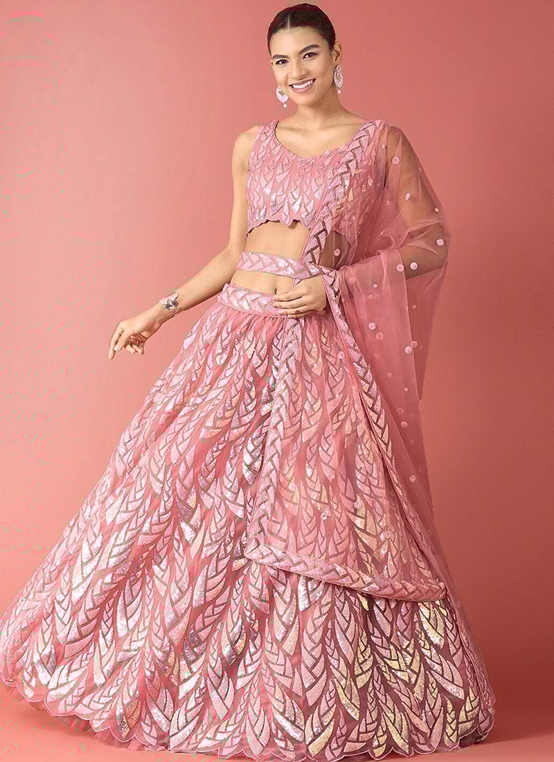 Pink Soft Net Embroidered Sequins Stunning Lehenga Wedding Wear