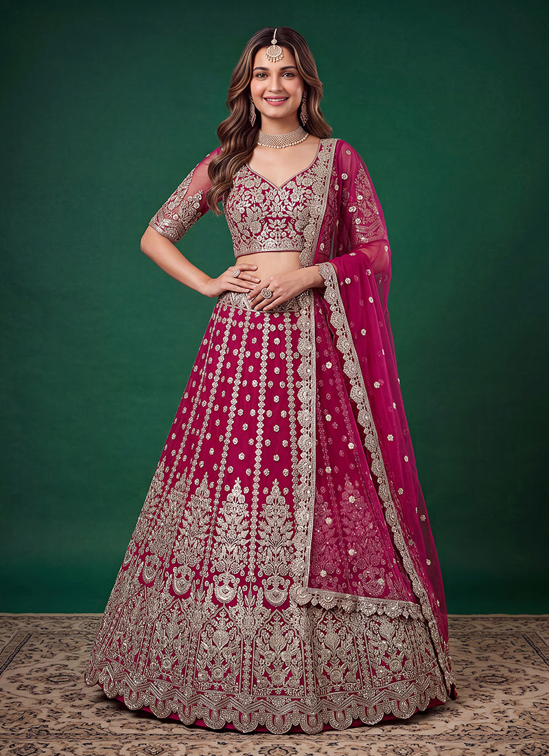 Pink Soft Net Zari Dori Sequins Embroidered Lehenga Wedding Wear
