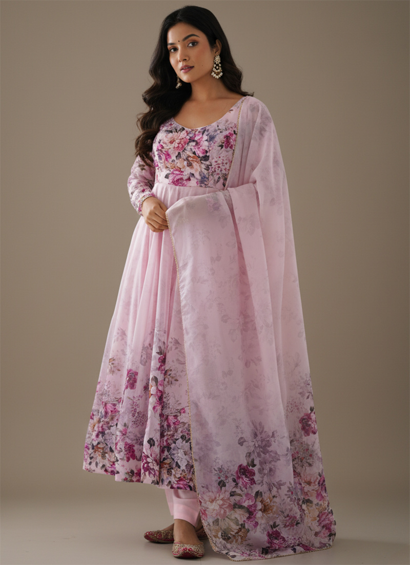 Pink Soft Organza Silk Printed Anarkali Suit After Six Wear