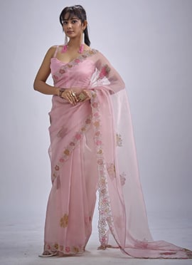 Pink Soft Organza Tissue Tikki Work Saree