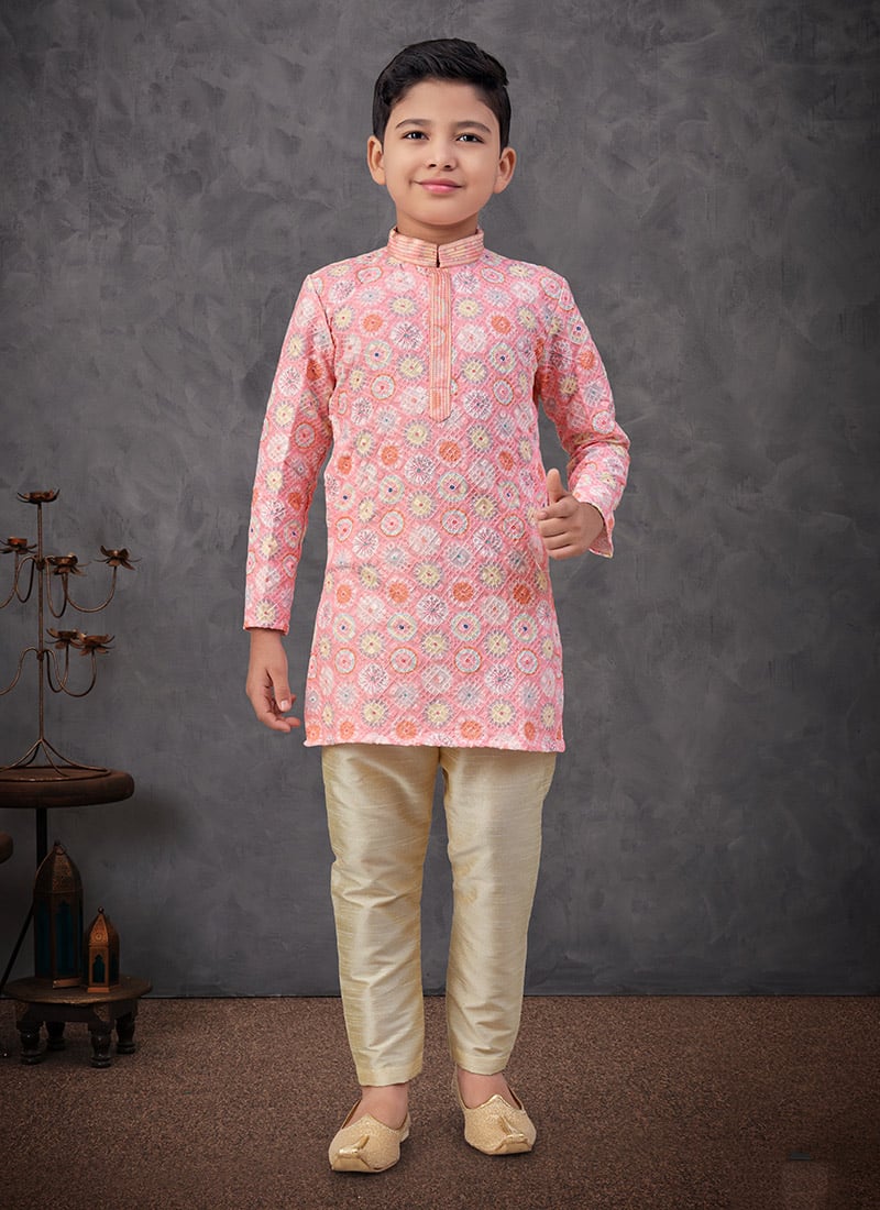 Pink Soft Rayon Printed And Embroidered Boys Kurta Pyjama Festive Wear