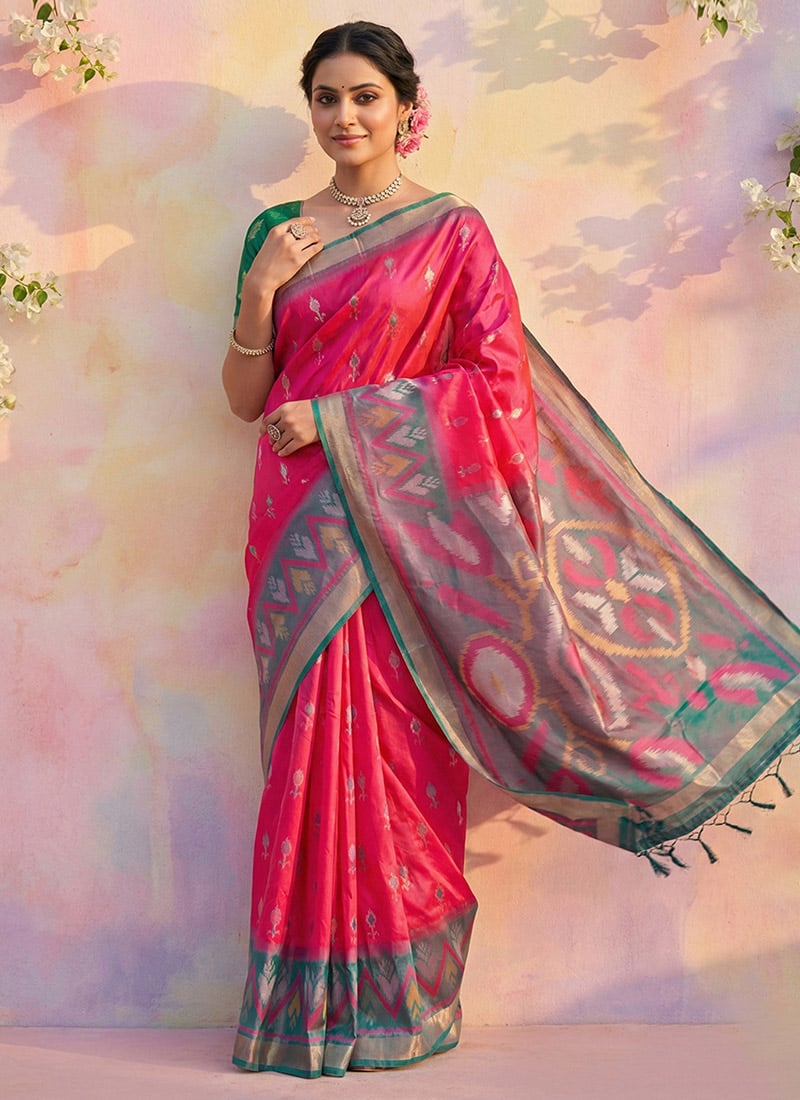 Pink Soft Silk Ikkat Print Saree Festive Wear