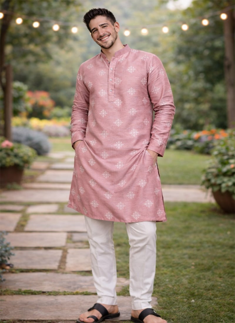 Pink Soft Silk Sequins Kurta Pyjama Festive Wear