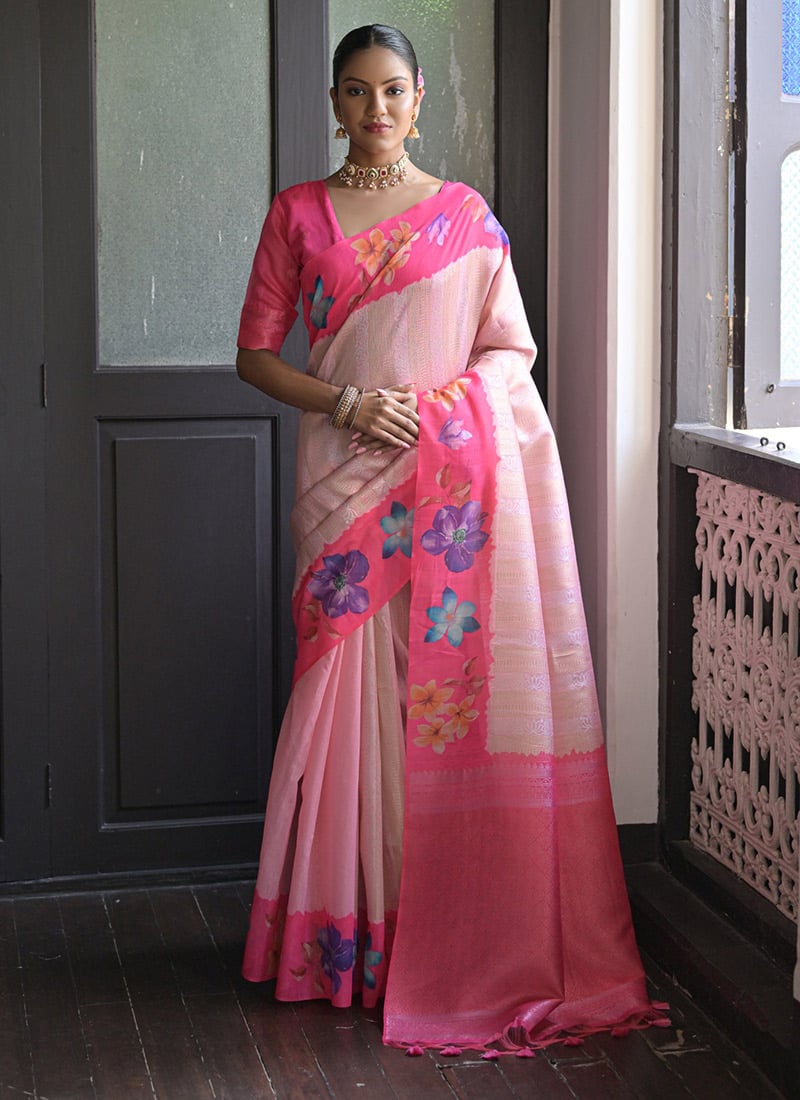 Pink Soft Silk Zari Woven Digital Print Saree