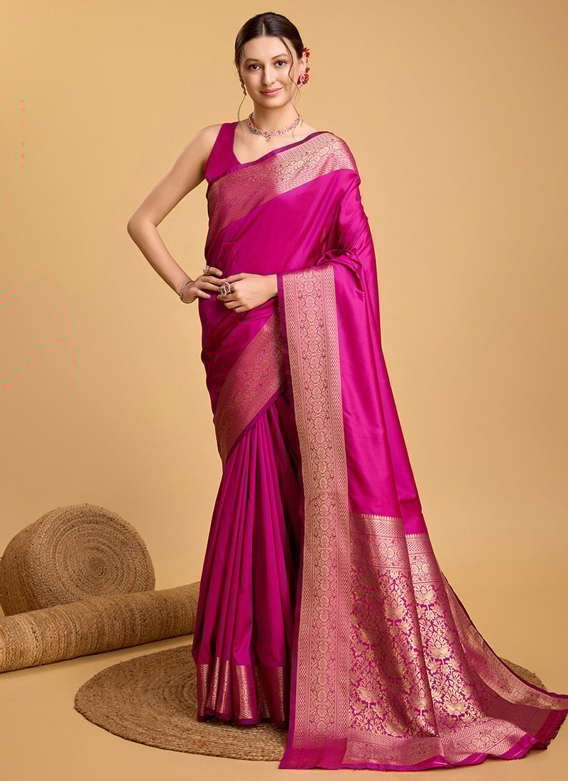 Pink Soft Silk Zari Woven Elegant Saree Festive Wear