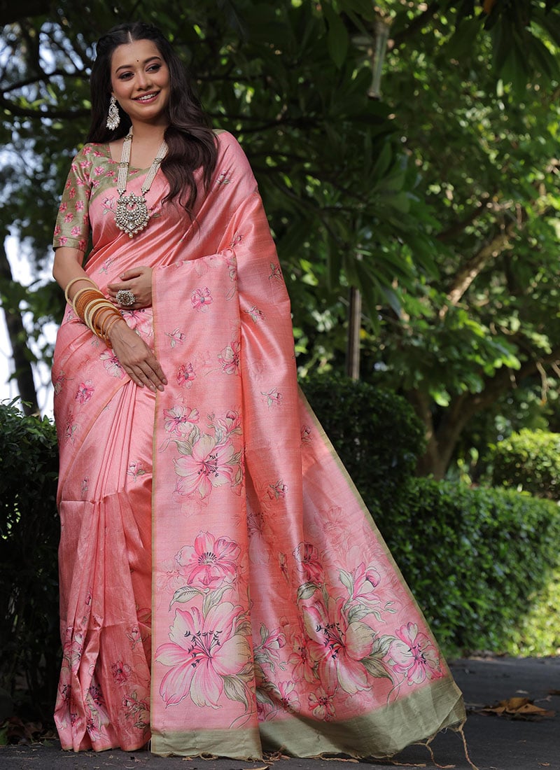 Pink Soft Tussar Silk Floral Digital Print Saree Festive Wear