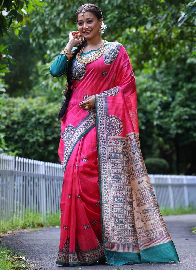 Pink Soft Tussar silk Printed Saree Festive Wear