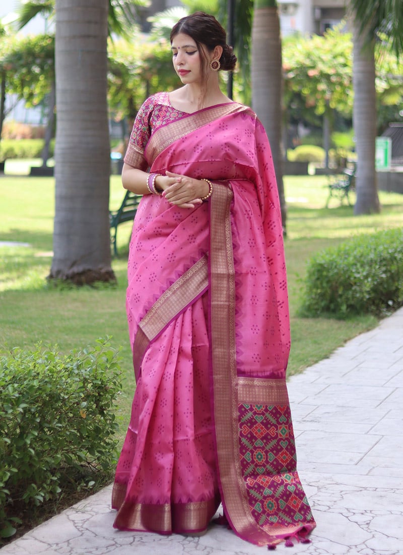Pink Soft Tussar Silk Saree with Print and Small Zari Border main image 0