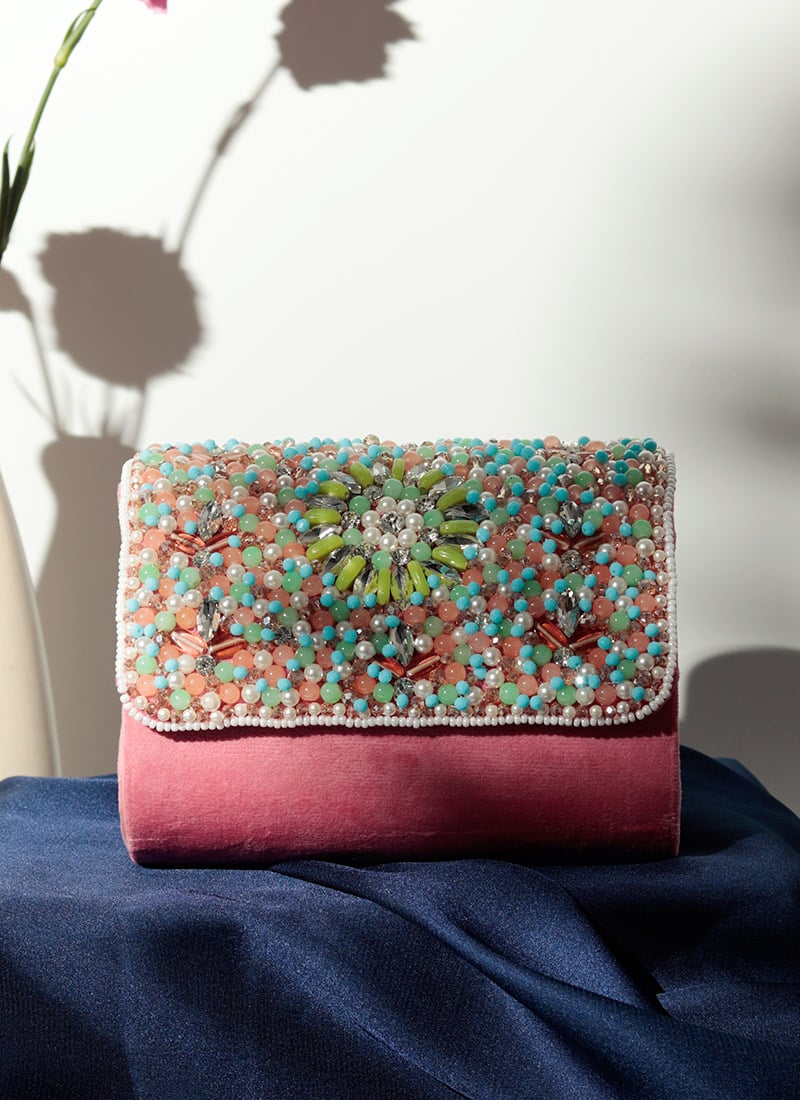 Pink Suede Clutch Embossed With Crystals And Stones Party Wear