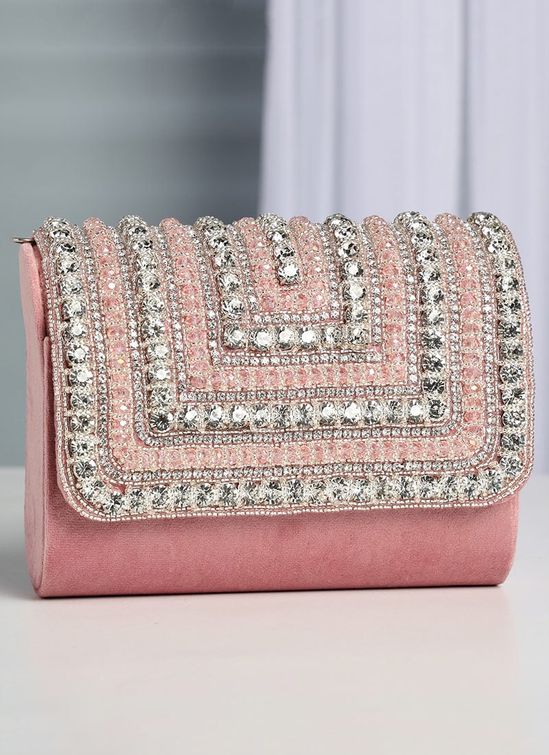 Pink Suede Crystals Clutch Party Wear